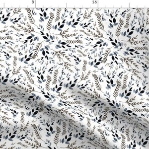 Green Leaves Pattern Fabric - 8&quot; October In The Wild / Foliage By Shopcabin - Blue Leaves Natural Cotton Fabric By The Yard With Spoonflower