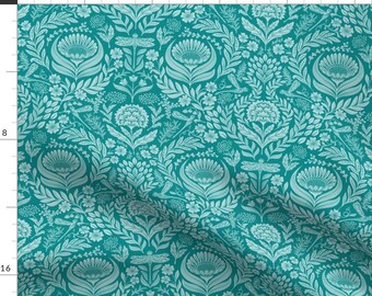 Teal Fabric - Chrysanthemum Damask  by me_coco_design -  Floral Victorian Whimsical Dragonflies Botanical Fabric by the Yard by Spoonflower