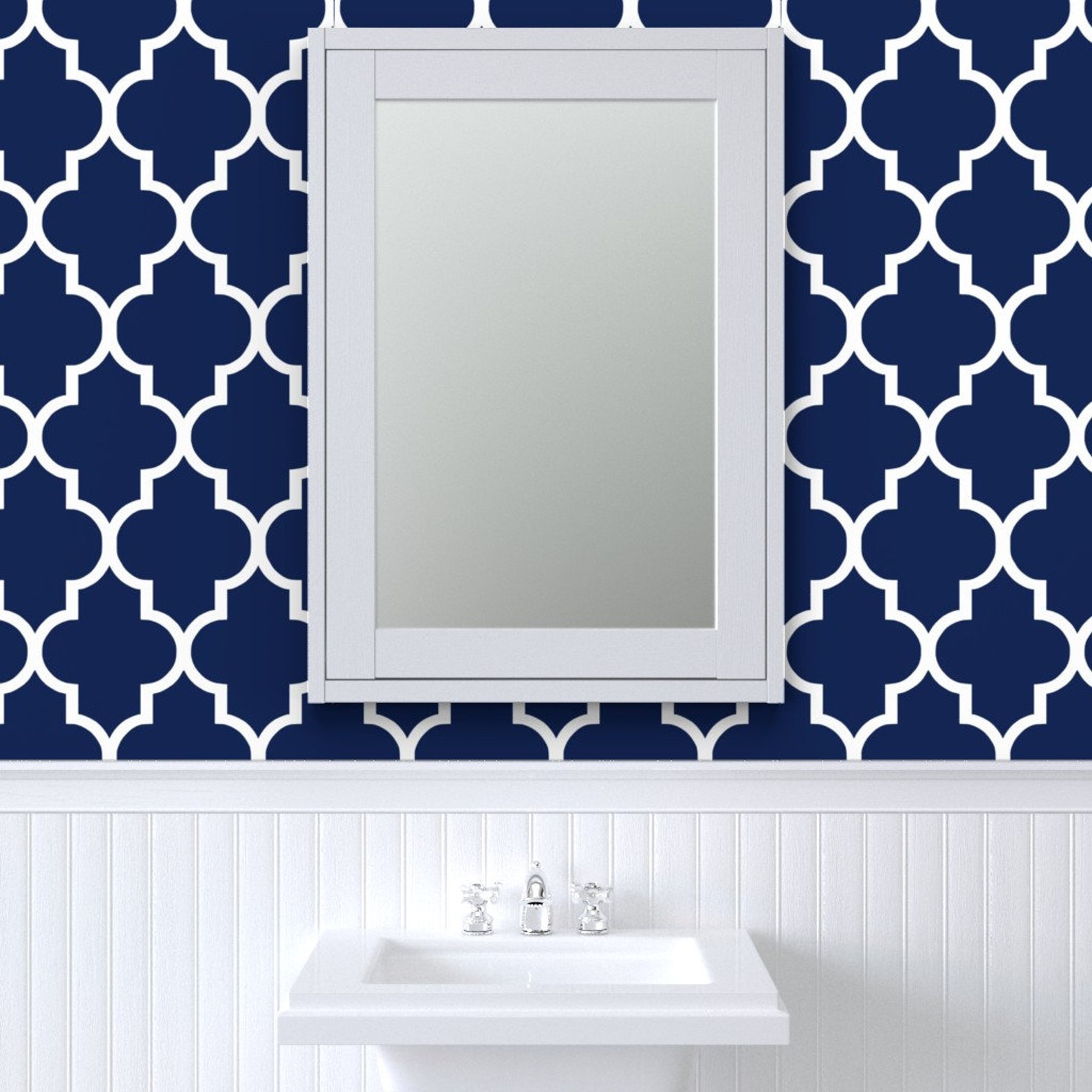 Blue Wallpaper Classic Navy/white Quatrefoil by Willow Lane Etsy