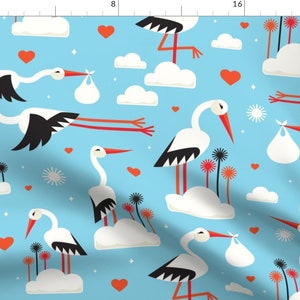 New Arrival Fabric - New Arrival - Blue By Gray - Baby Shower Stork Cotton Fabric By The Yard With Spoonflower