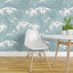 Papier peint Ocean Waves - vagues japonaises par Sveta Aho - rouleau de papier peint auto adhésif nautique amovible vert pin, bleu menthe, par Spoonflower