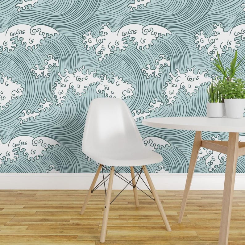 Ocean Waves Wallpaper - Japanese Waves By Sveta Aho - Pine Green Mint Blue Nautical Removable Self Adhesive Wallpaper Roll by Spoonflower image 1