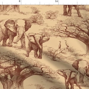 May include: A seamless pattern featuring brown line drawings of elephants, trees, and birds on a beige background.