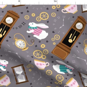 May include: A repeating pattern on a gray background featuring a white rabbit wearing a pink and blue vest, a pocket watch, a grandfather clock, a teacup, and gears. The numbers 8, 9, 10, and 11 are repeated throughout the pattern.