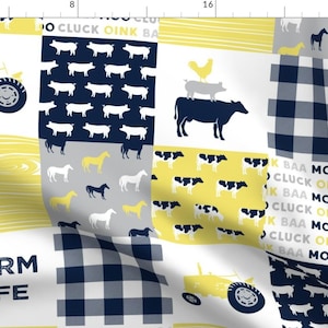 May include: A yellow and blue patchwork fabric with a farm theme. The fabric features a tractor, cows, pigs, horses, chickens, and the words "FARM LIFE".
