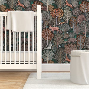 Rustic Wallpaper - Forest Animals by rebecca_reck_art -  Woodland Whimsical Forest Deer Removable Peel and Stick Wallpaper by Spoonflower