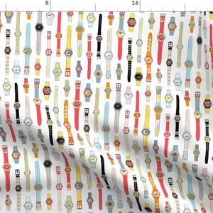 May include: A white background with a repeating pattern of colourful wristwatches. The watches are all different colours and styles, and they are arranged in a grid pattern.