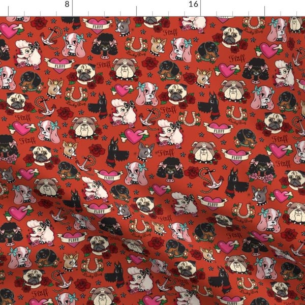 Dogs Fabric - Tattoo Dogs - Red By Miss Fluff - Dog Heads Tattoo Anchors Hearts Horseshoes Red Cotton Fabric By The Yard With Spoonflower
