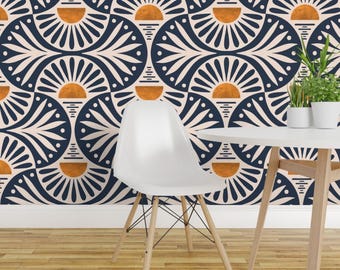Sunset And Leaves Peel and Stick Wallpaper - Scallops Geometric Yellow Sunrise Sunset Boho - Removable Wall Decor Art - Art Deco by de_koro