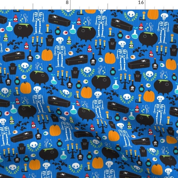 Blue Halloween Kids Skeleton Fabric - Spooky Stuff By Lizmytinger - Halloween Holiday Kids Spooky Cotton Fabric By The Yard With Spoonflower