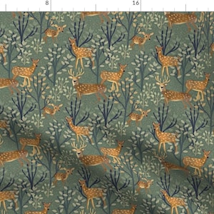 May include: A seamless pattern featuring a repeating design of stylized deer with brown and white spots in a forest setting. The deer are surrounded by green, blue, and brown trees and foliage.