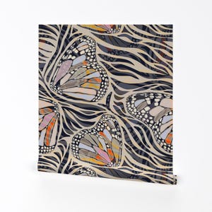 May include: A seamless pattern featuring colorful butterfly wings in a heart shape on a black and white zebra stripe background.