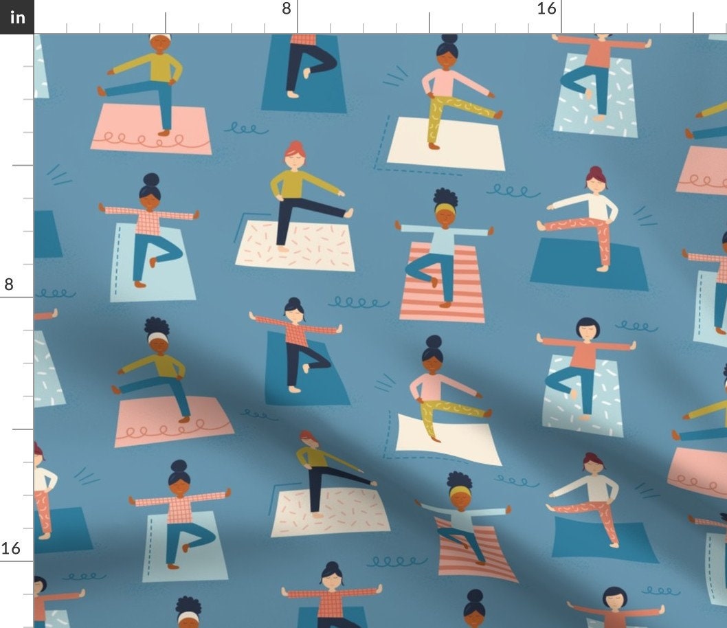 Fitness Blue Yoga Poses Pattern Fabric Exercices By La Etsy