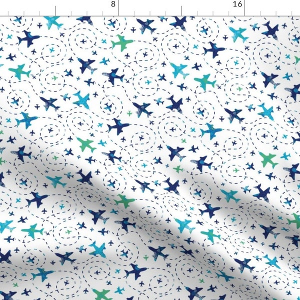 Blue Abstract Airplane Fabric - Fun Airplanes On White Sky By Oksancia - Airplane Nursery Decor Cotton Fabric By The Yard With Spoonflower