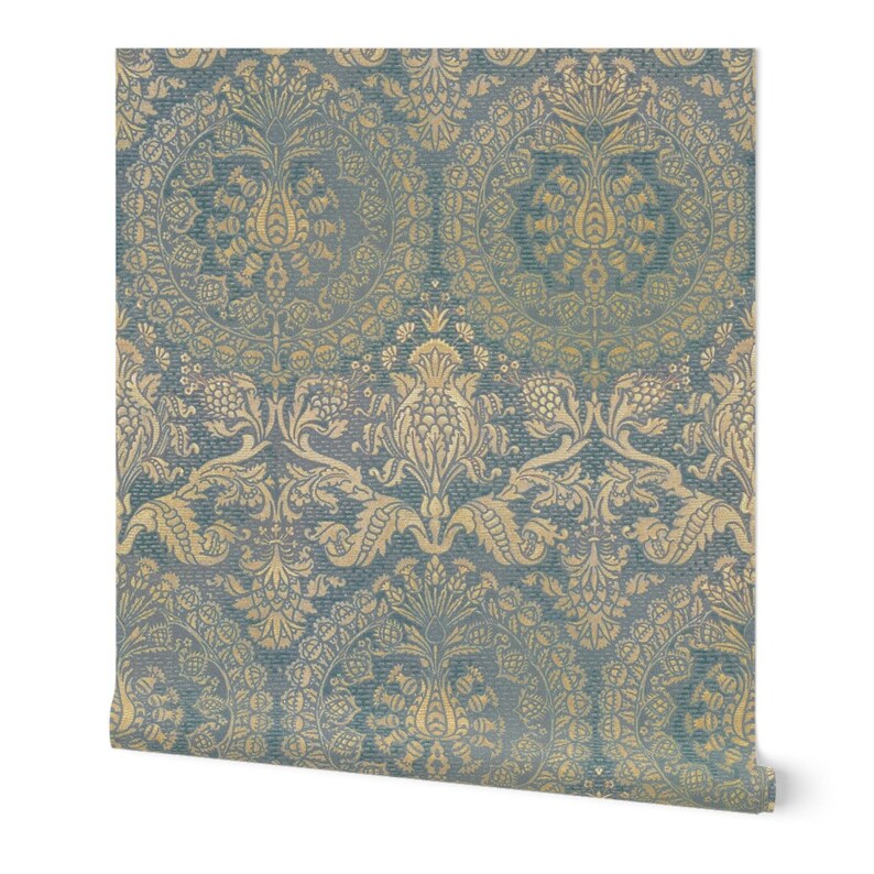 Damask Wallpaper Provencal Blue and Gold Large by - Etsy