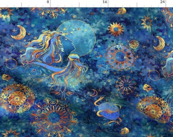 Celestial Watercolor Apparel Fabric - Blue Moon by designed_by_debby - Night Sky Sun And Moon Stars Blue Gold Clothing Fabric by Spoonflower