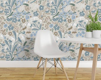 Meadow Florals Wallpaper -Meadow Dream Calm By Francisca Reyes - Blue Beige Wildflower Removable Self Adhesive Wallpaper Roll by Spoonflower