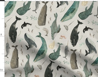 Whales Of The Oceans Fabric - Whale Song Grey Large Sideways By Katherine Quinn - Basking Shark Cotton Fabric By The Yard With Spoonflower