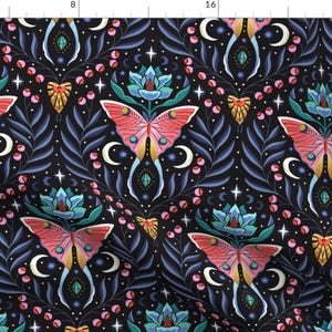 Moon Fabric - Moonlit Moth Damask By Pattysloniger - Black Pink Blue Butterfly Insects Forest Cotton Fabric By The Yard With Spoonflower