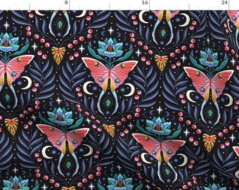 Moon Fabric - Moonlit Moth Damask By Pattysloniger - Black Pink Blue Butterfly Insects Forest Cotton Fabric By The Yard With Spoonflower