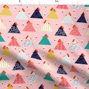May include: A pink fabric with a repeating pattern of colourful geometric chickens. Each chicken is a triangle with different patterns and colours, including polka dots, stripes, plaid, and geometric shapes.