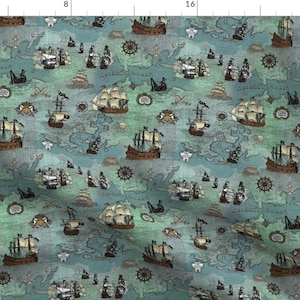 Pirate Fabric - Pirate Ships Map Blue Smallest Repeat By Teja Jamilla - Pirates Boy Nursery Cotton Fabric By The Yard With Spoonflower