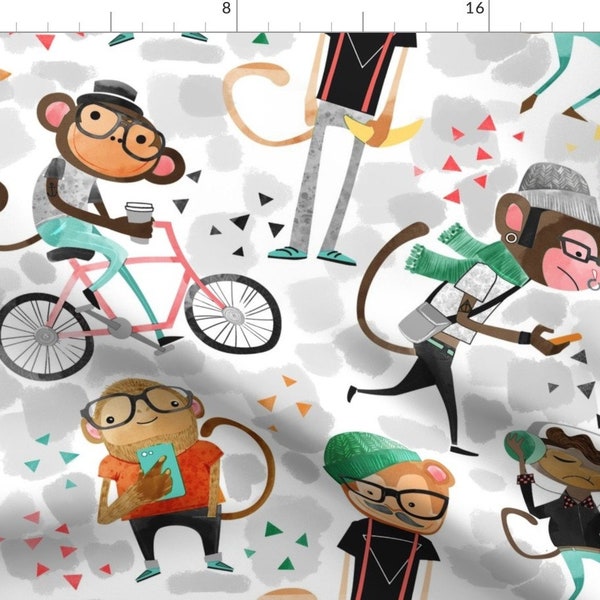 Hipster Monkey Fabric - Monkeys Watercolor By Michaelzindell- Monkey Hip Funny Glasses Bike Books Cotton Fabric By The Yard With Spoonflower