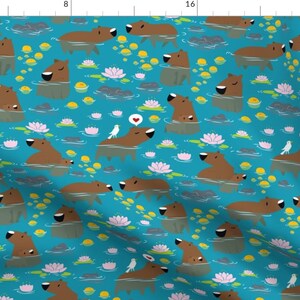 Forest Animal Fabric - South American Capybara Lotus Cute Animal Swimming Love By Lilredbug - Cotton Fabric By The Yard With Spoonflower image 1