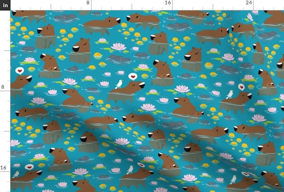 Forest Animal Fabric - South American Capybara Lotus Cute Animal Swimming Love By Lilredbug -  Cotton Fabric By The Yard With Spoonflower