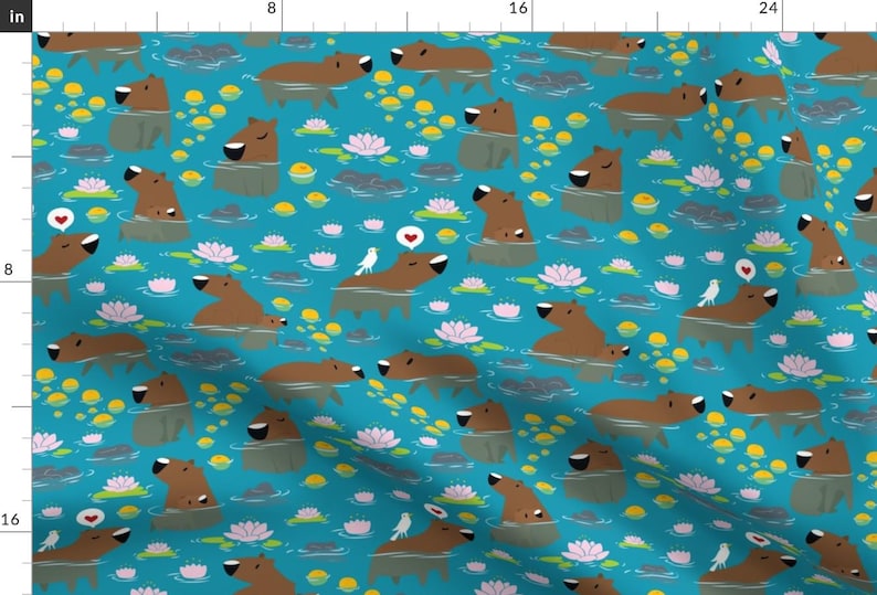 Forest Animal Fabric - South American Capybara Lotus Cute Animal Swimming Love By Lilredbug - Cotton Fabric By The Yard With Spoonflower image 1