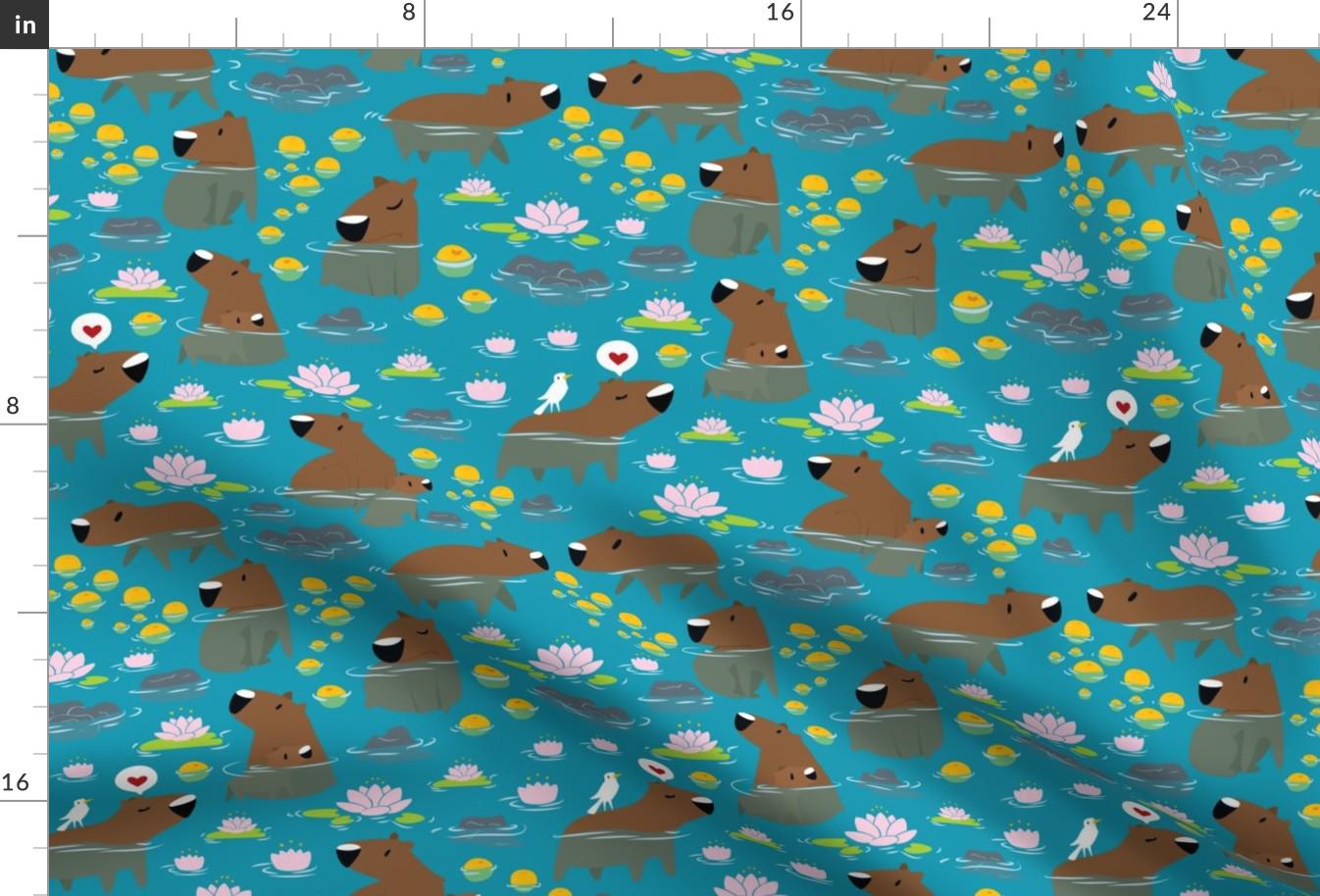 Forest Animal Fabric - South American Capybara Lotus Cute Animal Swimming Love By Lilredbug -  Cotton Fabric By The Yard With Spoonflower