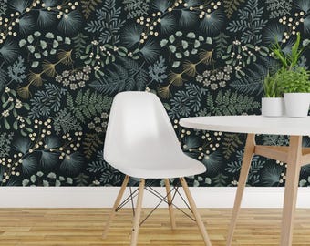 Papel de Parede Adesivo Botânico - Folhagem Escura, Estilo Cabincore, Aconchegante, Outono/Inverno - Arte Removível para Decoração de Parede - Floresta de Samambaias Melancólicas por garabateo