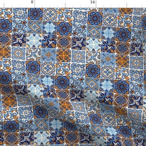 Spanish Tile Fabric - Sea Ceramic Tilework By Penguinhouse - Spanish Tilework Blue Orange White Cotton Fabric By The Yard With Spoonflower