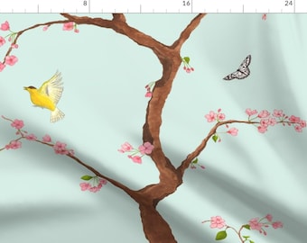 Cherry Blossoms Fabric - Jenny Cherry Blossoms On Mint By Domesticate - Chinoiserie Nature Spring Cotton Fabric By The Yard With Spoonflower