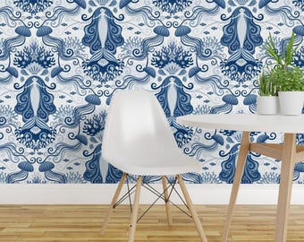 Mermaid Wallpaper - Meditating Mermaid Toile By Patricia Lima - Toile Custom Printed Removable Self Adhesive Wallpaper Roll by Spoonflower