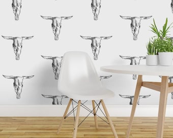 Cow Peel and Stick Wallpaper - Skull Bull Black And White Western Cowboy - Removable Wall Decor Art - Cow Skull  by averielaneboutique