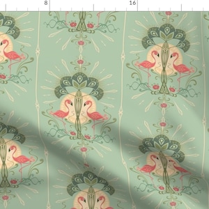 Tropical Green Floral Fabric - Art Nouveau Flamingo By Studioxtine - Tropical Victorian Cotton Fabric By The Yard With Spoonflower