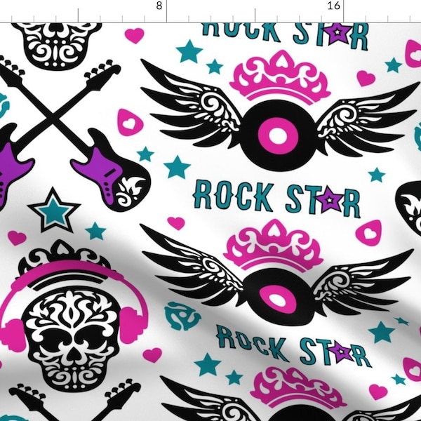 Rock And Roll Fabric - Rock Star White By Mariafaithgarcia - Punk Skull Hot Pink Black Girl's Cotton Fabric By The Yard With Spoonflower