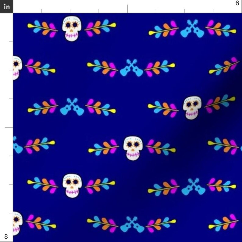 Sugar Skulls Fabric - Sugar Skulls Border 002 By Lowa84 - Sugar Skulls Guitars Floral Mexico Blue Cotton Fabric By The Yard With Spoonflower Bild 3