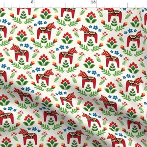 Scandinavian Fabric - Swedish Folk Horses By Barbarapixton - Scandi Dala Horses Red Beige Kids Cotton Fabric By The Yard With Spoonflower