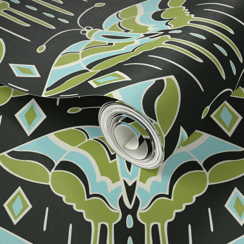 Art Deco Wallpaper Butterflies Black Green by Heatherdutton - Etsy