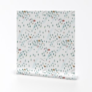 Papel pintado de esquí: pistas de esquí alpino de Charladraws: rollo de papel pintado autoadhesivo extraíble con diseño de cabaña de nieve en blanco y azul de Spoonflower