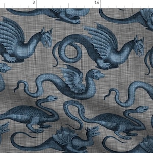 Dragon Fabric - Draco ~ Dastardly Blue By Peacoquettedesigns - Dragon Blue Gray Fantasy Magic Fly Cotton Fabric By The Yard With Spoonflower