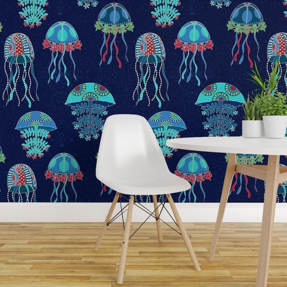 Jellyfish Wallpaper - Jellyfish Jubilee By Shellypenko - Blue Teal Red Custom Printed Removable Self Adhesive Wallpaper Roll by Spoonflower