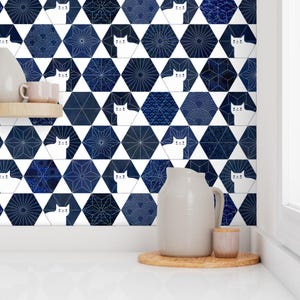 Cats Wallpaper - Sashiko Cats By Patricia Lima - Navy White Geometric Hexagon Kitten Removable Self Adhesive Wallpaper Roll by Spoonflower image 7