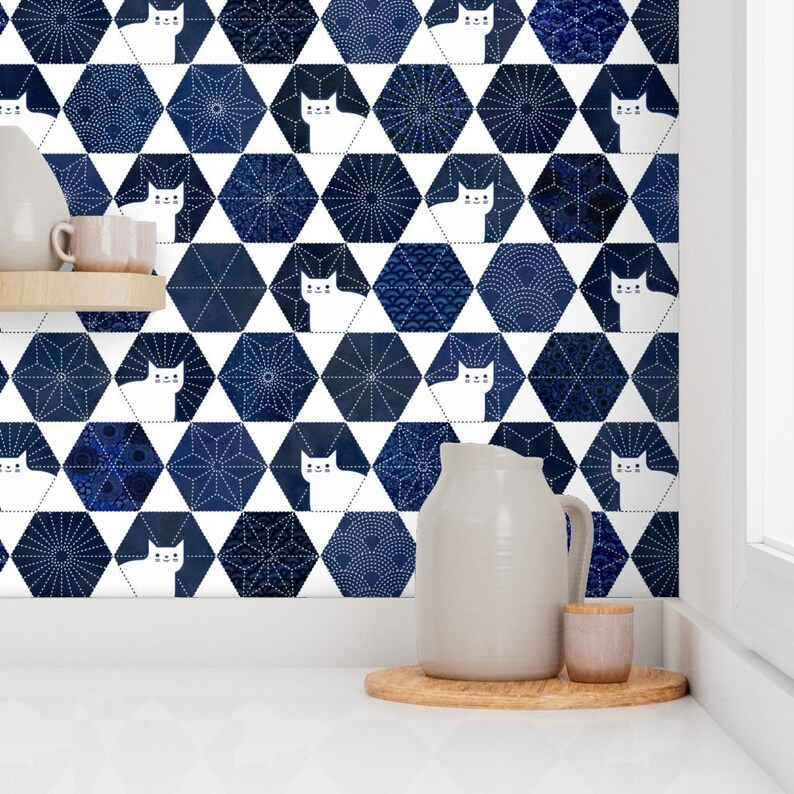 Cats Wallpaper - Sashiko Cats By Patricia Lima - Navy White Geometric Hexagon Kitten Removable Self Adhesive Wallpaper Roll by Spoonflower image 7