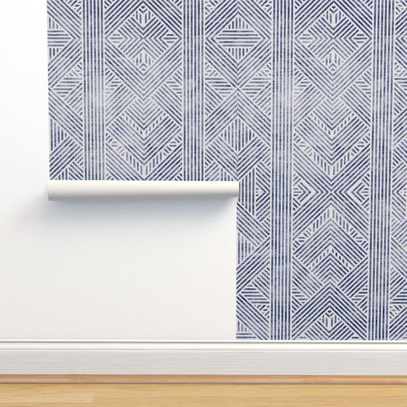 Blue Geometric Wallpaper Wax Line Geo by holli_zollinger Line Geometric Diamond Removable Peel and Stick Wallpaper by Spoonflower image 4
