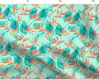 Green Jungle Banana Tropical Floral Fabric - Birds Of Paradise Mint By Mjmstudio - Tropical Cotton Fabric By The Yard With Spoonflower