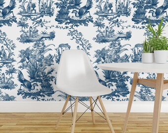 Blue Peel and Stick Wallpaper -  Antique Toile Blue And White Animal  - Removable Wall Decor Art - Chinoiserie Toile  by peacoquettedesigns