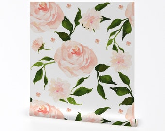 Pink Floral Wallpaper - English Pink Garden By Shopcabin - Watercolor Custom Printed Removable Self Adhesive Wallpaper Roll by Spoonflower